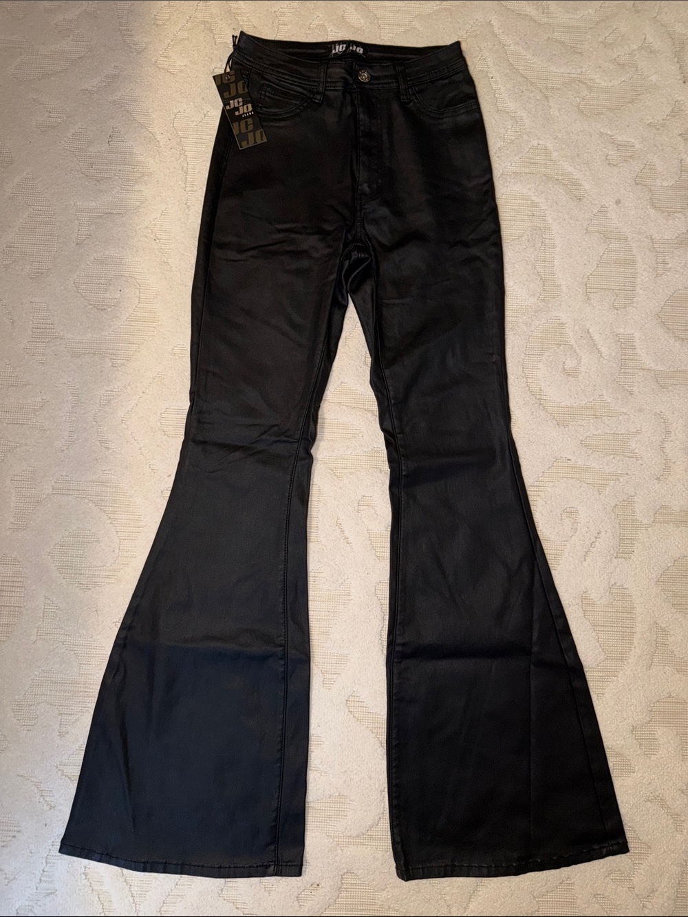 Women's Black Flare Faux Leather Jeans with High Waist